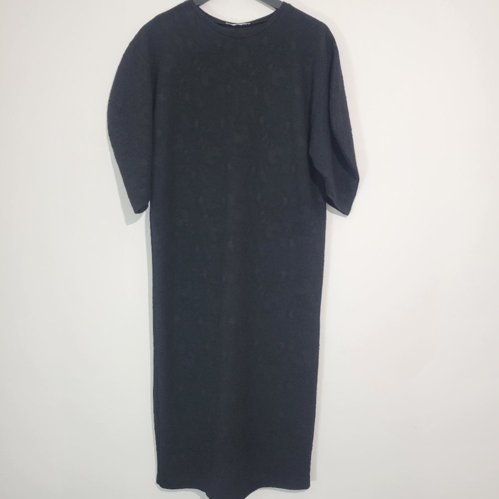 ZARA WOMEN'S BLACK EMBOSSED BROCADE PUFF SLEEVE MIDI DRESS